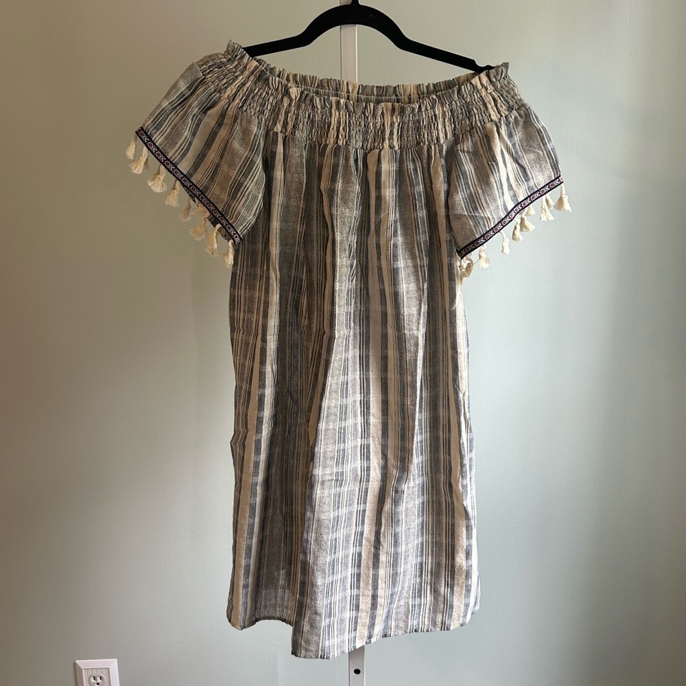 Kori America Tassel Trim Off the Shoulder Mini Dress